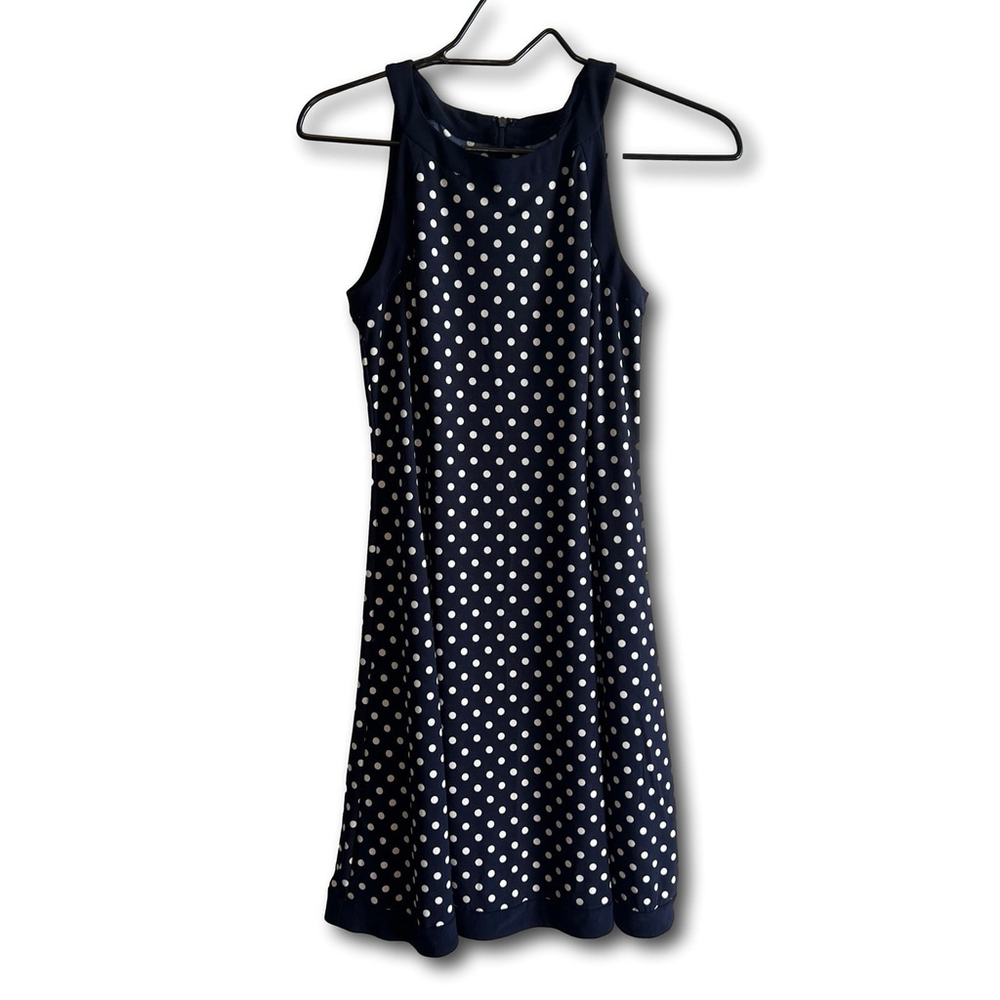Womens Navy Blue White Polka Dot Fit & Flare Sleeveless Dress Size Small
